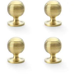 4 PACK - Reeded Ball Door Knob - 32mm Diameter Satin Brass Lined Cupboard Pull Handle