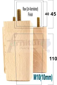 4x REPLACEMENT FURNITURE LEGS SOLID WOODEN FEET 110mm HIGH SOFAS CHAIRS SETTEE CABINETS M10 Raw