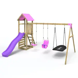 Rebo Adventure Wooden Climbing Frame, Swing Set and Slide - Snowdon Pink