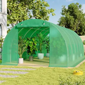 Green Walk In Steel Frame Garden Tunnel Greenhouse with Roll Up Door Windows, 6x3x2M