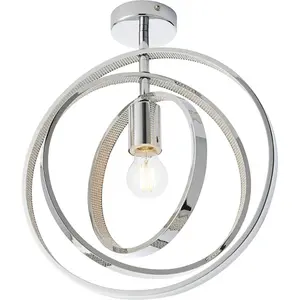 Chrome Plated Semi Flush Ceiling Pendant Light - Adjustable Hoops - Dimmable