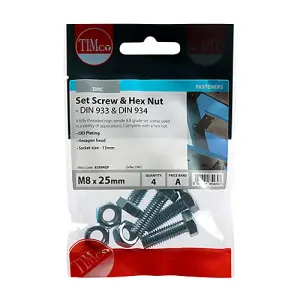 Timco - Set Screws & Hex Nuts - Grade 8.8 - Zinc (Size M8 x 25 - 4 Pieces)