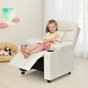 COSTWAY Kids Single Sofa Chair PU Leather Children Armchair Recliner with Cup Holders