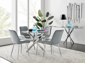 Furniturebox UK Novara Chrome Metal Round Glass Dining Table And 4 Grey Pesaro Silver Leg Chairs