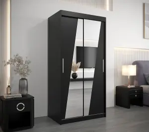 Rhomb Contemporary Mirrored 2 Sliding Door Wardrobe 5 Shelves 2 Rails Black Matt (H)2000mm (W)1000mm (D)620mm