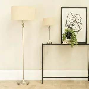 ValueLights Maggie Brushed Chrome Candlestick Floor Lamp with Natural Shade with LED Bulb