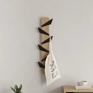 Decortie Modern Alesta Wall-Mounted Hanger Oak Engineered Wood with 6 Different Shape Metal Hooks 10(W)x75(H)x4.5(D)cm