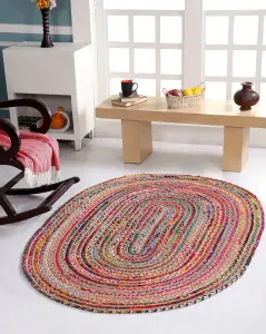 MISHRAN Oval Jute Area Rug Hand Woven with Recycled Fabric 60 cm x 180 cm