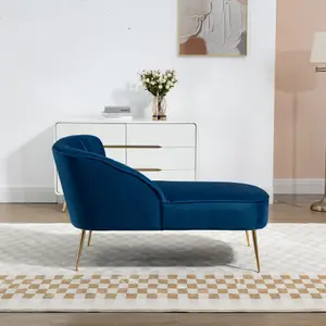 Vieste 130cm Wide Blue Velvet Fabric Shell Back Chaise Lounge Sofa with Golden Coloured Legs