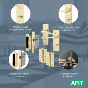 AFIT Polished Brass Victorian Scroll Bathroom Door Handle Set, 2 Pairs of Internal Handles on Backplate, Hinges 76mm & Locks 64mm