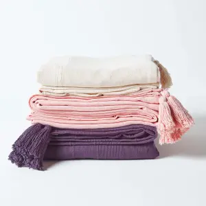 Homescapes Cotton Rajput Ribbed Pink Throw, 225 x 255 cm