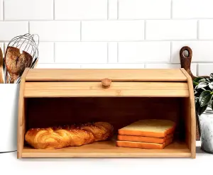 MantraRaj Bamboo Bread Bin Storage Counter Top Roll Top Bread Box Food Storage Containers Bread Bin