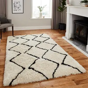 Ivory/Black Handmade Luxurious Modern Shaggy Chequered Geometric Rug For Dining Room Bedroom & Living Room-120cm X 170cm