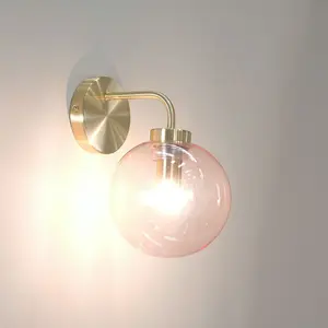 ValueLights Frenchie Pair of - Brushed Gold Metal Wall Light with Pink Tinted Glass Globe Shade - LED Bulbs Included