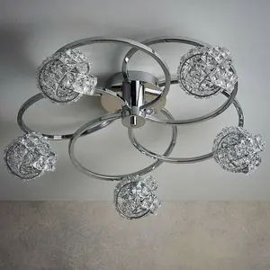 Semi Flush Ceiling Light Chrome & Crystal Knott 5 Lamp Hanging Feature Pendant