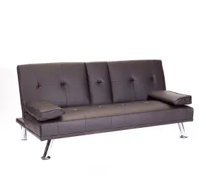 Faux Leather Folding Sofa Bed With Cup Holders Cinema Style, Brown