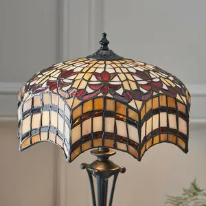 Tiffany Glass Table Lamp Light Dark Bronze & Multi Colour Scalloped Shade i00231