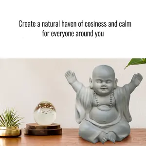 Buddha Statue Indoor and Outdoor, Moss Washed Stone Effect Feng Shui Ornament, Laughing Buddha Baby Monk Figurine L35.5 W25.5 H31.5 cm