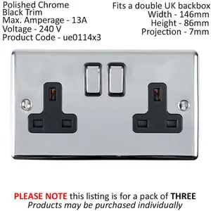 3 PACK 2 Gang Double UK Plug Socket POLISHED CHROME 13A Switched Black Trim