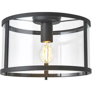 Flush Ceiling Light & 2x Matching Wall Lights - Matt Black Clear Glass Shade