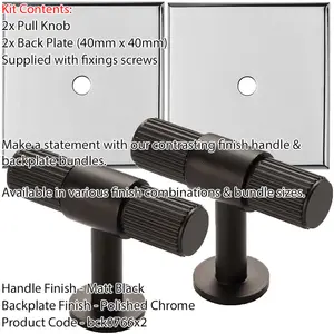 2 PACK - Cabinet Door Knob & Contrasting Backplate Set - Reeded T Bar Pull - Matt Black & Chrome