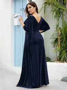 Ever-Pretty Elegant V Neck Maxi Velvet Wedding Guest Dress Polyester