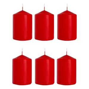 Set of 6 Pillar Candles, Votive Candles, Decorative Household Candles - Up to 66 Hours - 15 x 7 cm / 6 x 2.75" (Red, Matt)