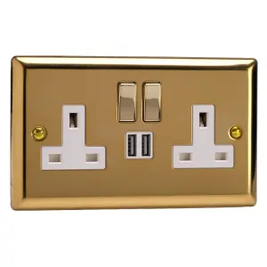 Varilight 2-Gang 13A Single Pole Switched Socket + 2x5V DC 2100mA USB Charging Ports  Victorian Brass