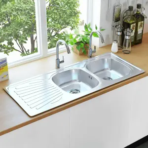 Berkfield Kitchen Sink Double Basin with Strainer & Trap Stainless Steel