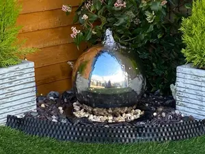 30cm Stainless Steel Sphere Modern Metal Mains Plugin Powered Water Feature