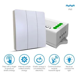 3 Gang Wireless Kinetic Switch (white body) + 3 x 500W RF receiver