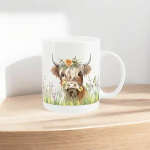 Highland Cow Mug - Floral Crown Blonde Cow Tea/Coffee Bone China Mug Gift