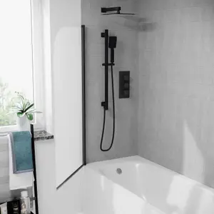 Nes Home 800mm Curved Bath Screen Matt Black Profile Clear Glass Reversible Denver