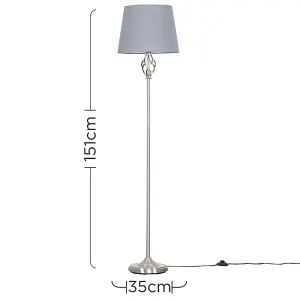 ValueLights Memphis Traditional Style Satin Nickel Barley Twist Floor Lamp with Grey Tapered Light Shade - with LED GLS Bulb