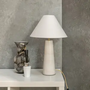 ValueLights Margot White Marble Bedside Table Lamp with a Linen Tapered Lampshade