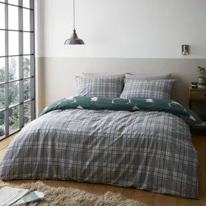 Stag Check Reversible Duvet Cover Set with Pillowcases Green / Double Duvet Cover + 2 Standard Pillowcases