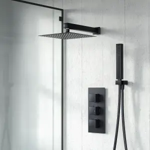 Nes Home Black Matt Square Shower Head Concealed Thermostatic Mixer Valve Hand Held