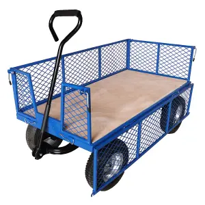 Workhorse Trucks General Purpose Heavy Duty Platform Truck With Mesh Sides. Large Plywood Base, Pneumatic Wheels, 450kg Capacity