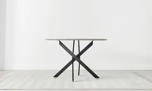 Furniturebox UK Novara Grey Concrete Effect Black Leg 120cm Round Dining Table & 6 Grey Velvet Milan Chairs