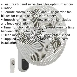 16 Inch Wall Mounted Fan - 3 Speed Settings - Remote Control - Tilt & Swivel