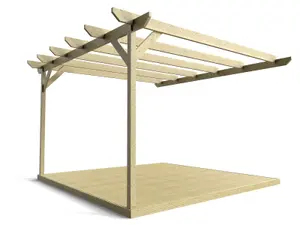 Wall mounted pergola and decking complete diy kit, Chamfered design (3m x 3m, Light green (natural) finish)