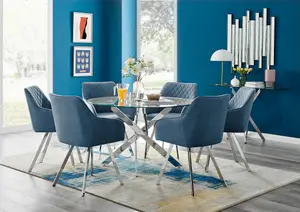 Furniturebox UK Novara 120cm Round Dining Table and 6 Blue Falun Silver Leg Chairs