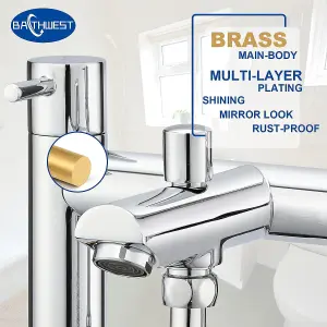 BATHWEST Bath Tap with Shower Waterfall Bathroom Taps with Shower Attachment Solid Brass Chrome Modern Flat Dual Lever