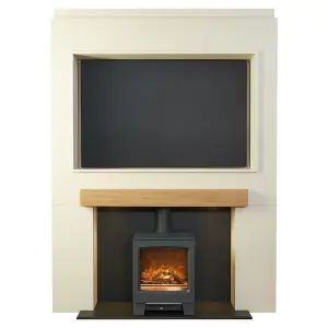 Acantha Pre-Built Stove Media Wall 2 with TV Recess & Lunar Electric Stove in Charcoal Grey