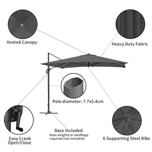 3M Large Square Canopy Rotatable Tilting Garden Rome Umbrella Cantilever Parasol with Cross Base, Dark Grey