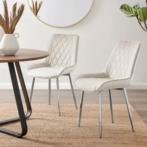 Palermo Velvet Modern Dining Chairs with Tapered Metal Legs & Quilted Diamond Stitching (Set of 2) Cream / Silver