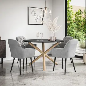 Malvern Round Dining Table And Chairs -  Black Table Top w Solid Oak Legs + Anika Velvet Dining Chair Set Of 4 (Grey)