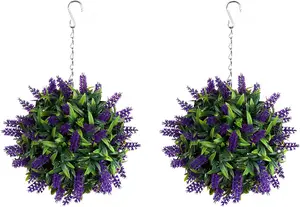 Pair of Best Artificial 24cm Purple Lush Lavender Hanging Basket Flower Topiary Ball - Weather & Fade Resistant