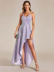 Elegant V-Neck High-Low Sequin Evening Dress