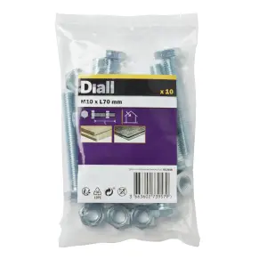 Diall M10 Hex Carbon steel Bolt & nut (L)70mm, Pack of 10